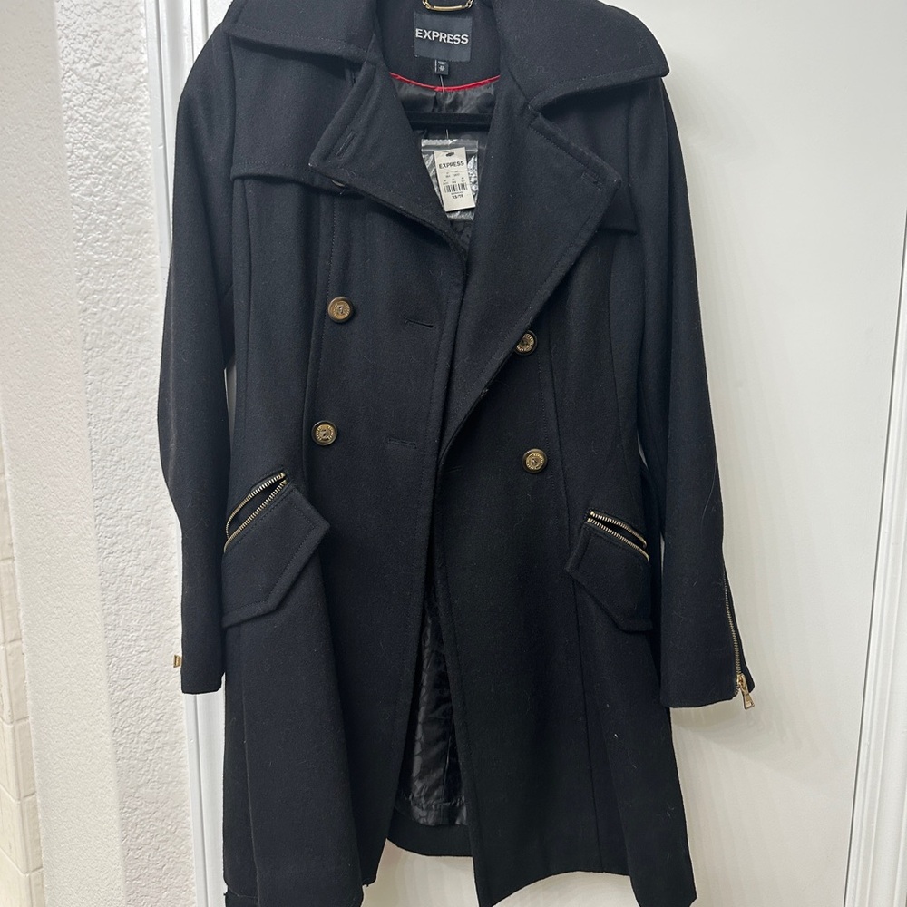 Express Women's Black Trench Coat with Gold Accents